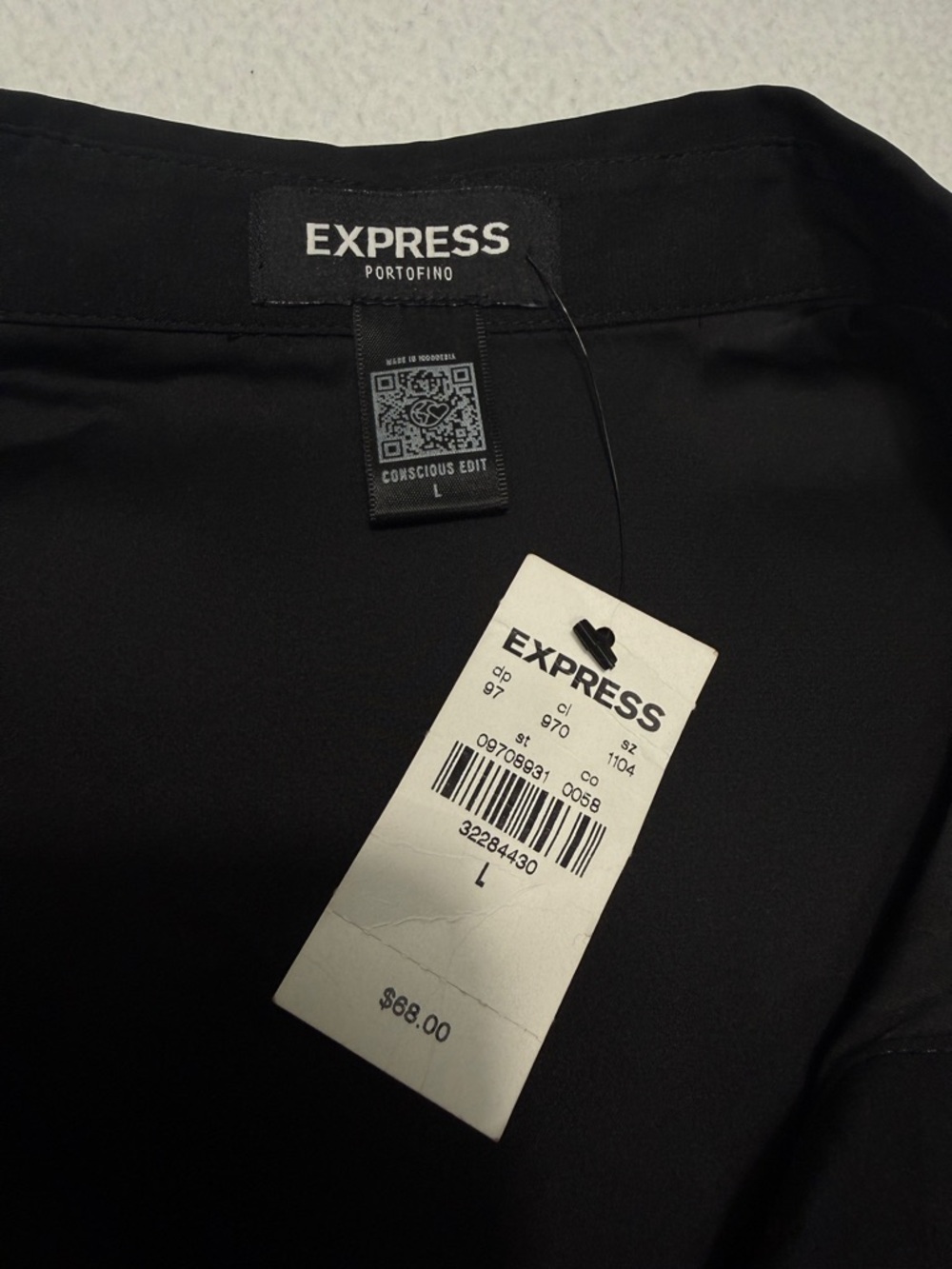 NWT Express Portofino Conscious Edit Black Button Down Tie Top Sz. L #2369 - Picture 5 of 8
